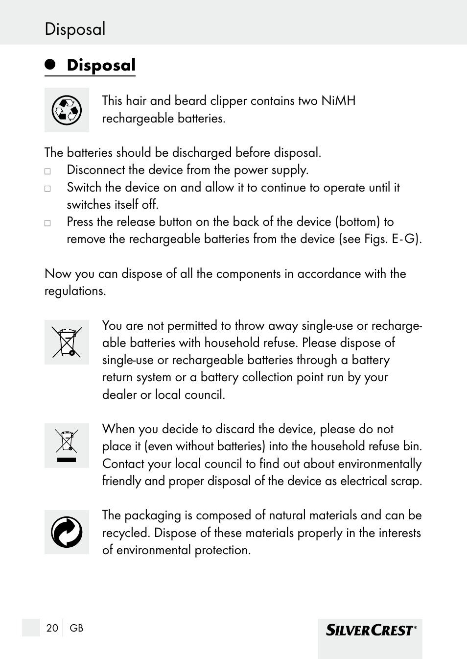 Warranty and service disposal, Disposal | Silvercrest SHBS 1000 A1 User Manual | Page 20 / 125