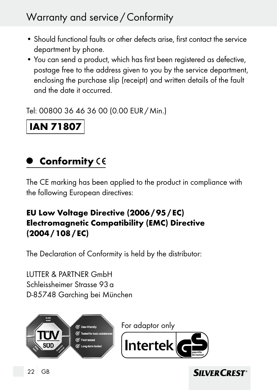 Conformity warranty and service / conformity, Conformity | Silvercrest SHBS 1000 A1 User Manual | Page 22 / 125