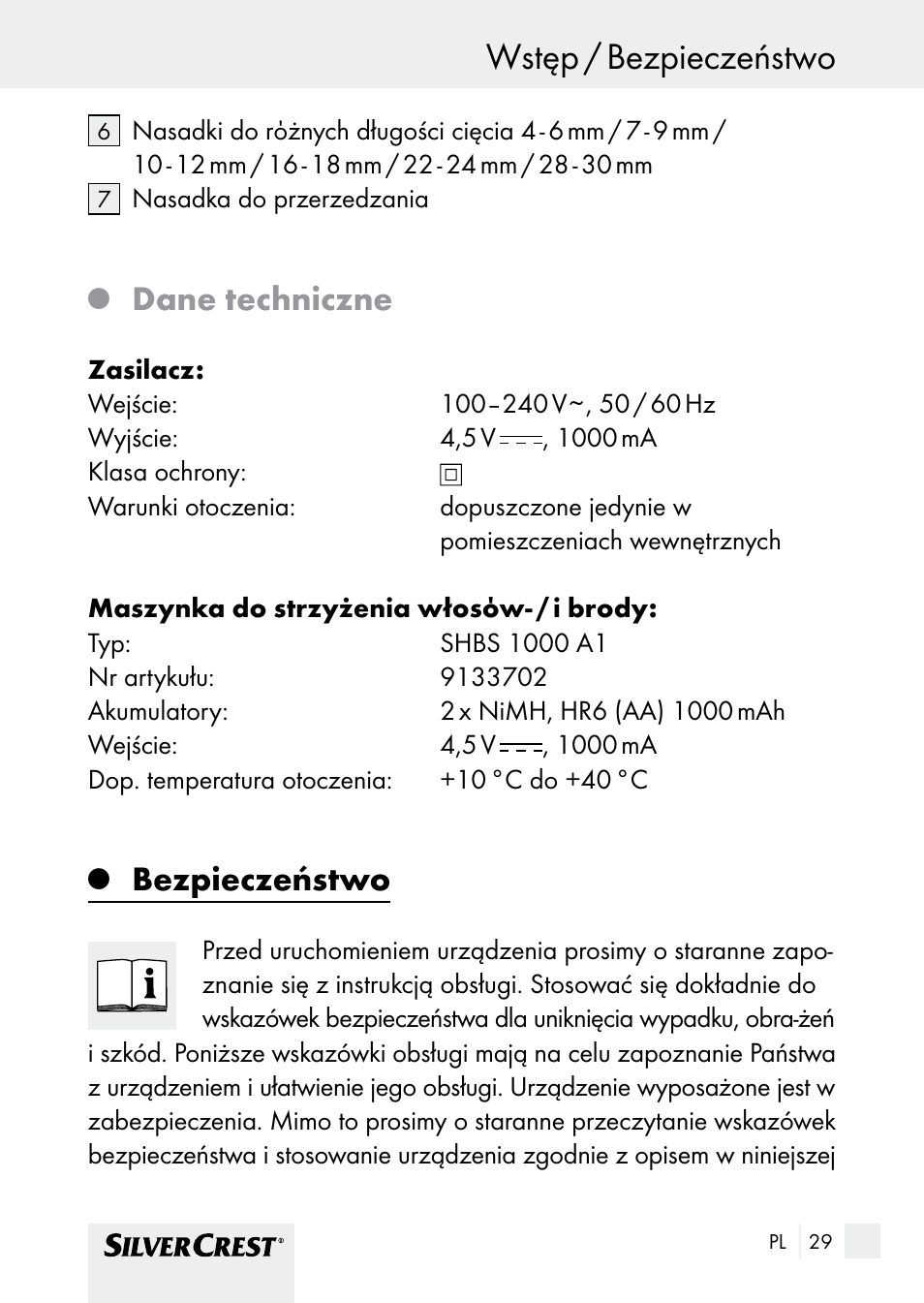 Wstęp / bezpieczeństwo wstęp, Dane techniczne, Bezpieczeństwo | Silvercrest SHBS 1000 A1 User Manual | Page 29 / 125