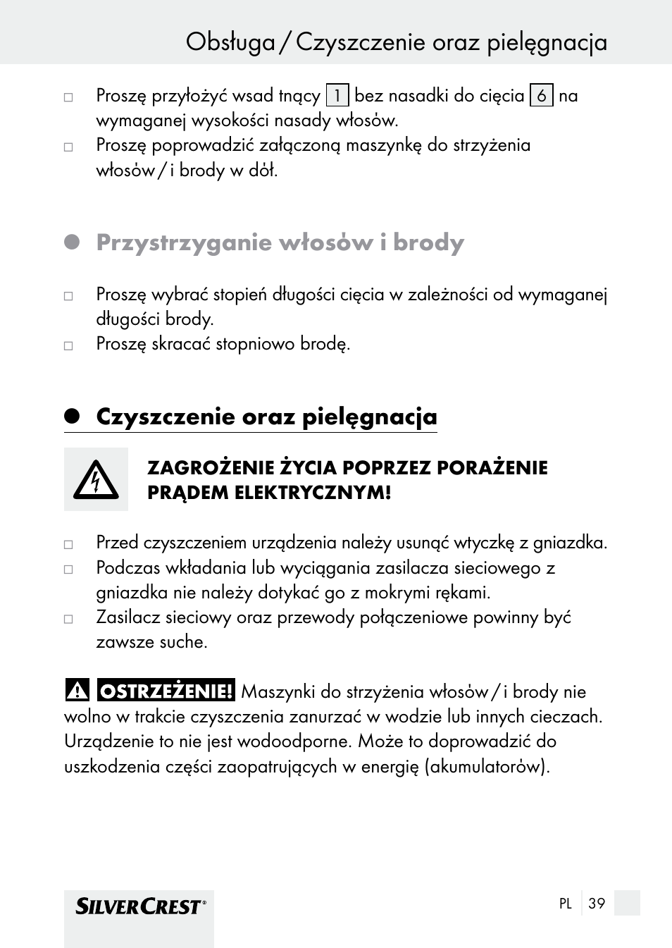 Obsługa / czyszczenie oraz pielęgnacja obsługa, Przystrzyganie włosόw i brody, Czyszczenie oraz pielęgnacja | Silvercrest SHBS 1000 A1 User Manual | Page 39 / 125