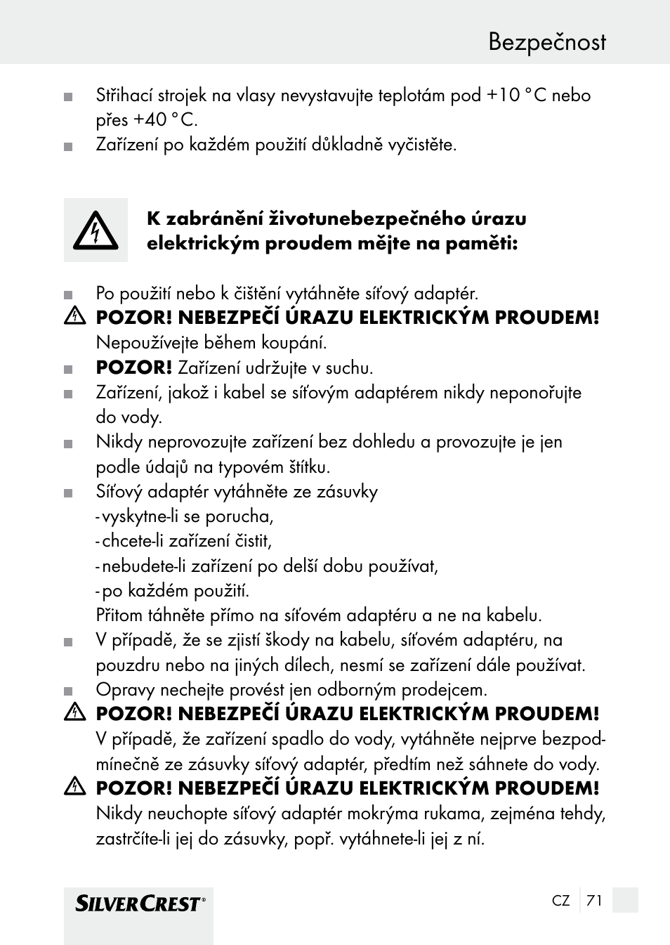 Bezpečnost | Silvercrest SHBS 1000 A1 User Manual | Page 71 / 125