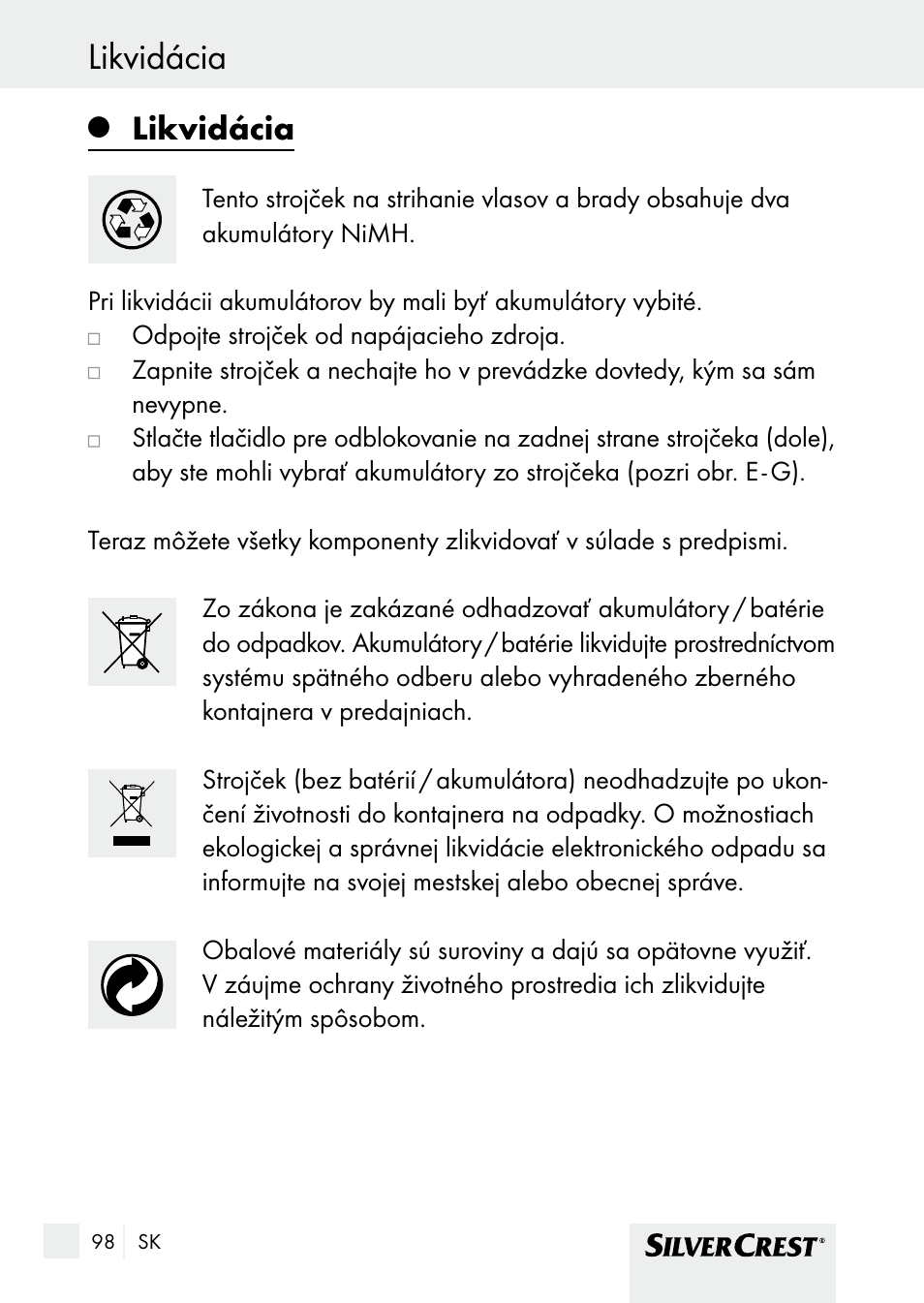 Záruka a servis likvidácia, Likvidácia | Silvercrest SHBS 1000 A1 User Manual | Page 98 / 125