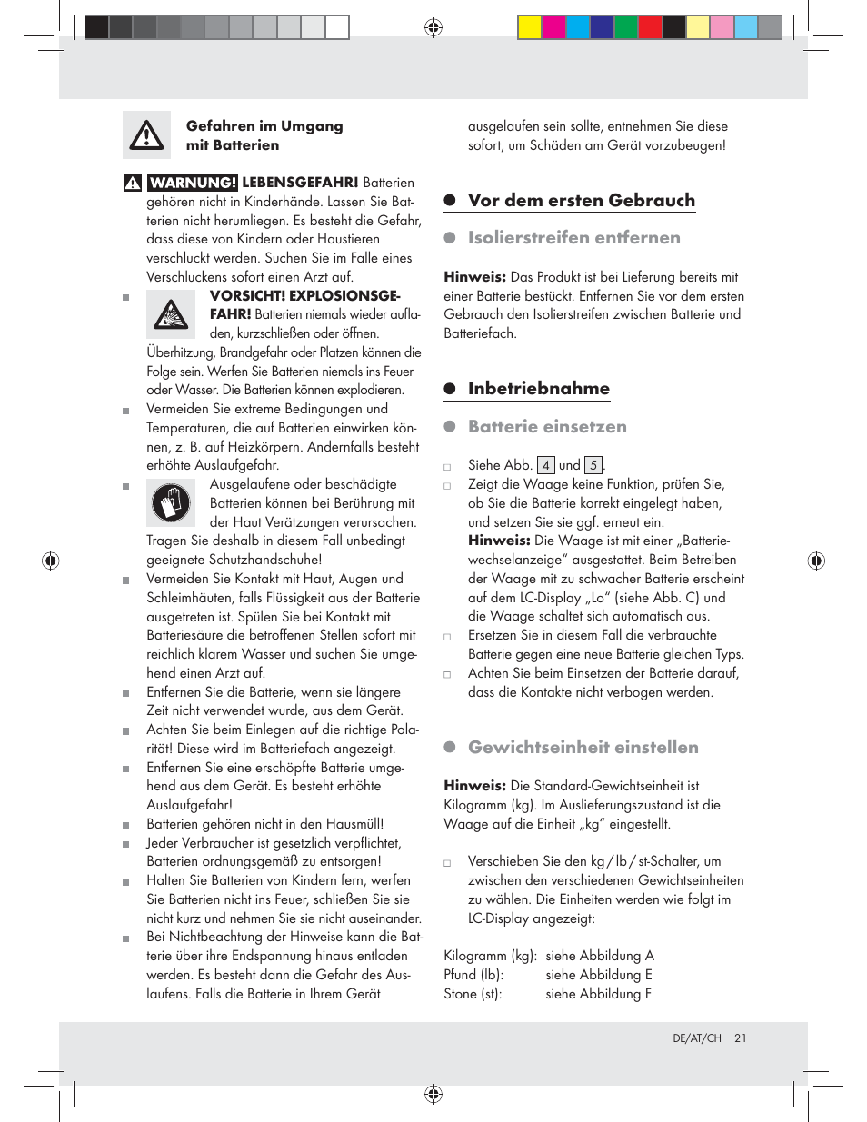 Vor dem ersten gebrauch, Isolierstreifen entfernen, Inbetriebnahme | Batterie einsetzen, Gewichtseinheit einstellen | Silvercrest Z31439A Z31439B User Manual | Page 21 / 24