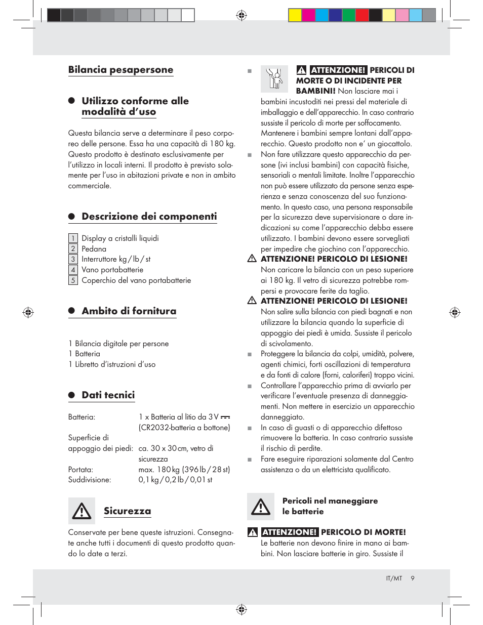 Bilancia pesapersone, Utilizzo conforme alle modalità d’uso, Descrizione dei componenti | Ambito di fornitura, Dati tecnici, Sicurezza | Silvercrest Z31439A Z31439B User Manual | Page 9 / 24