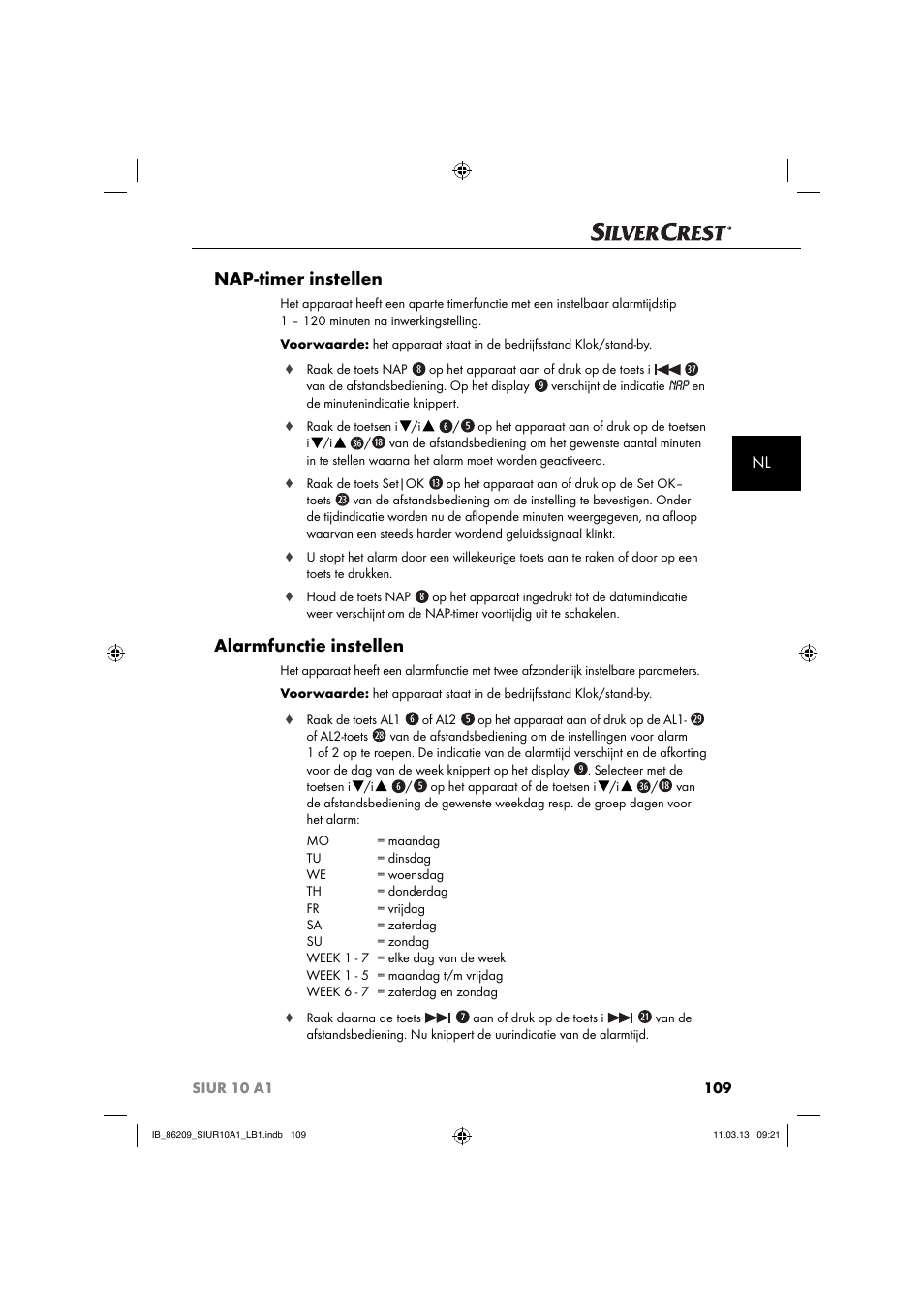 Nap-timer instellen, Alarmfunctie instellen | Silvercrest SIUR 10 A1 User Manual | Page 112 / 154