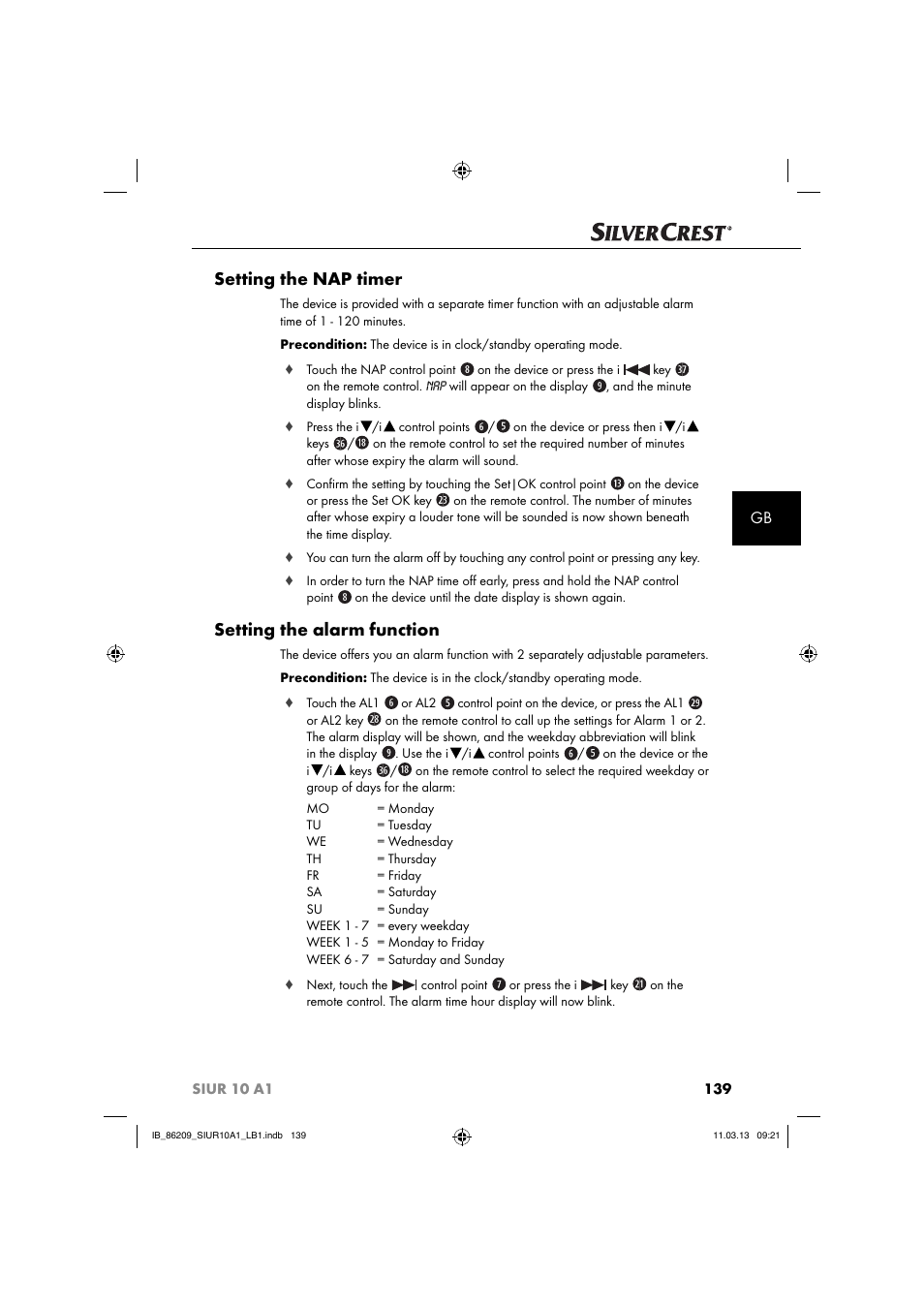 Setting the nap timer, Setting the alarm function | Silvercrest SIUR 10 A1 User Manual | Page 142 / 154