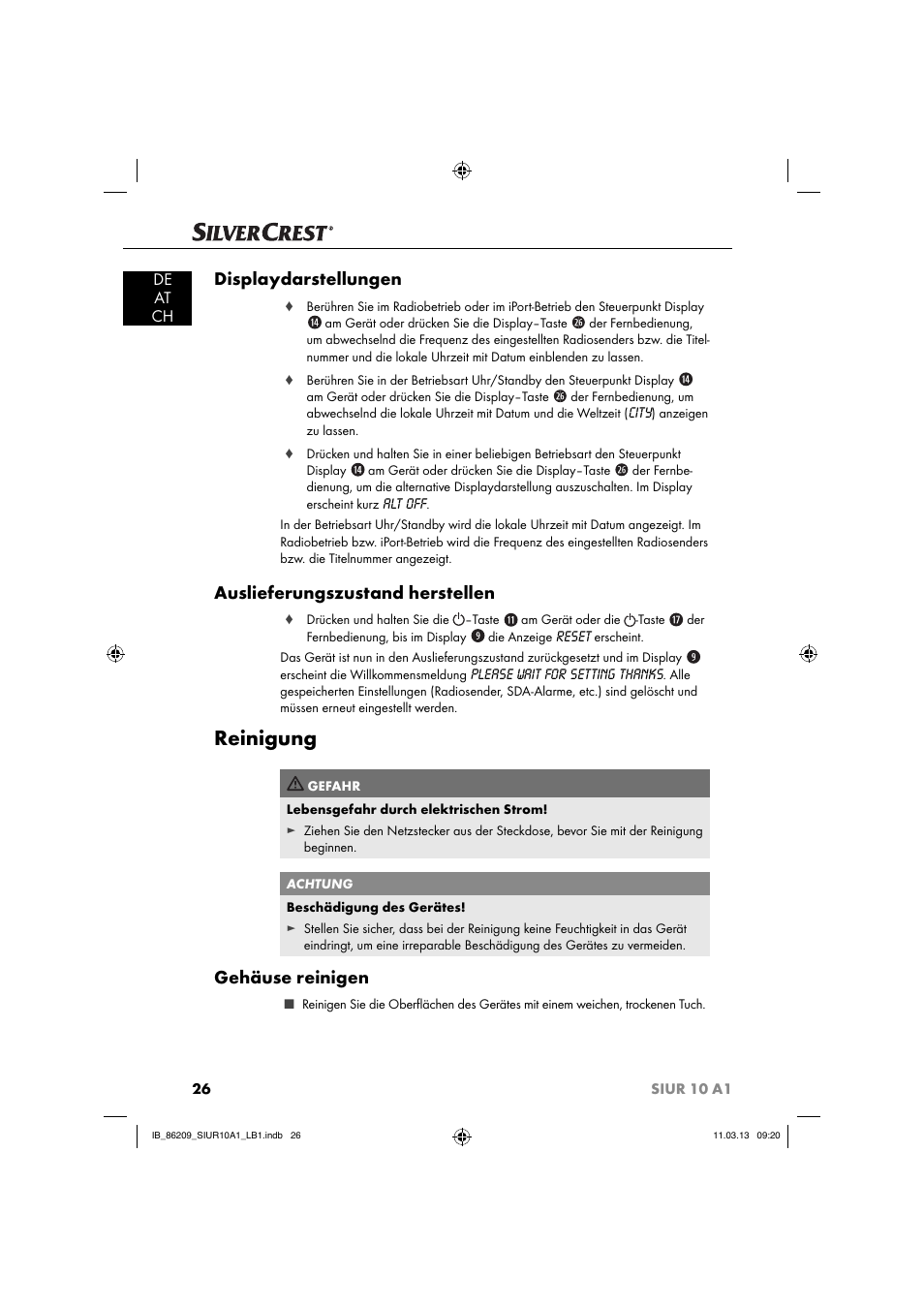 Reinigung, Displaydarstellungen, Auslieferungszustand herstellen | Gehäuse reinigen, De at ch | Silvercrest SIUR 10 A1 User Manual | Page 29 / 154