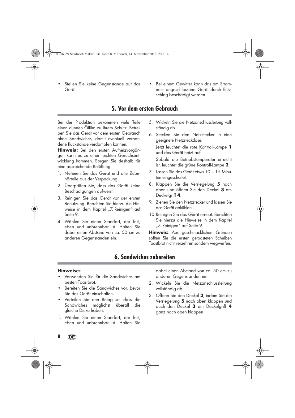 Vor dem ersten gebrauch, Sandwiches zubereiten | Silvercrest SSWMD 750 A1 User Manual | Page 10 / 58