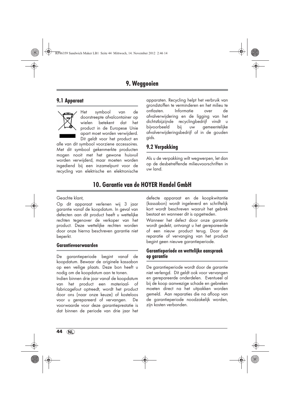 Weggooien, Garantie van de hoyer handel gmbh | Silvercrest SSWMD 750 A1 User Manual | Page 46 / 58