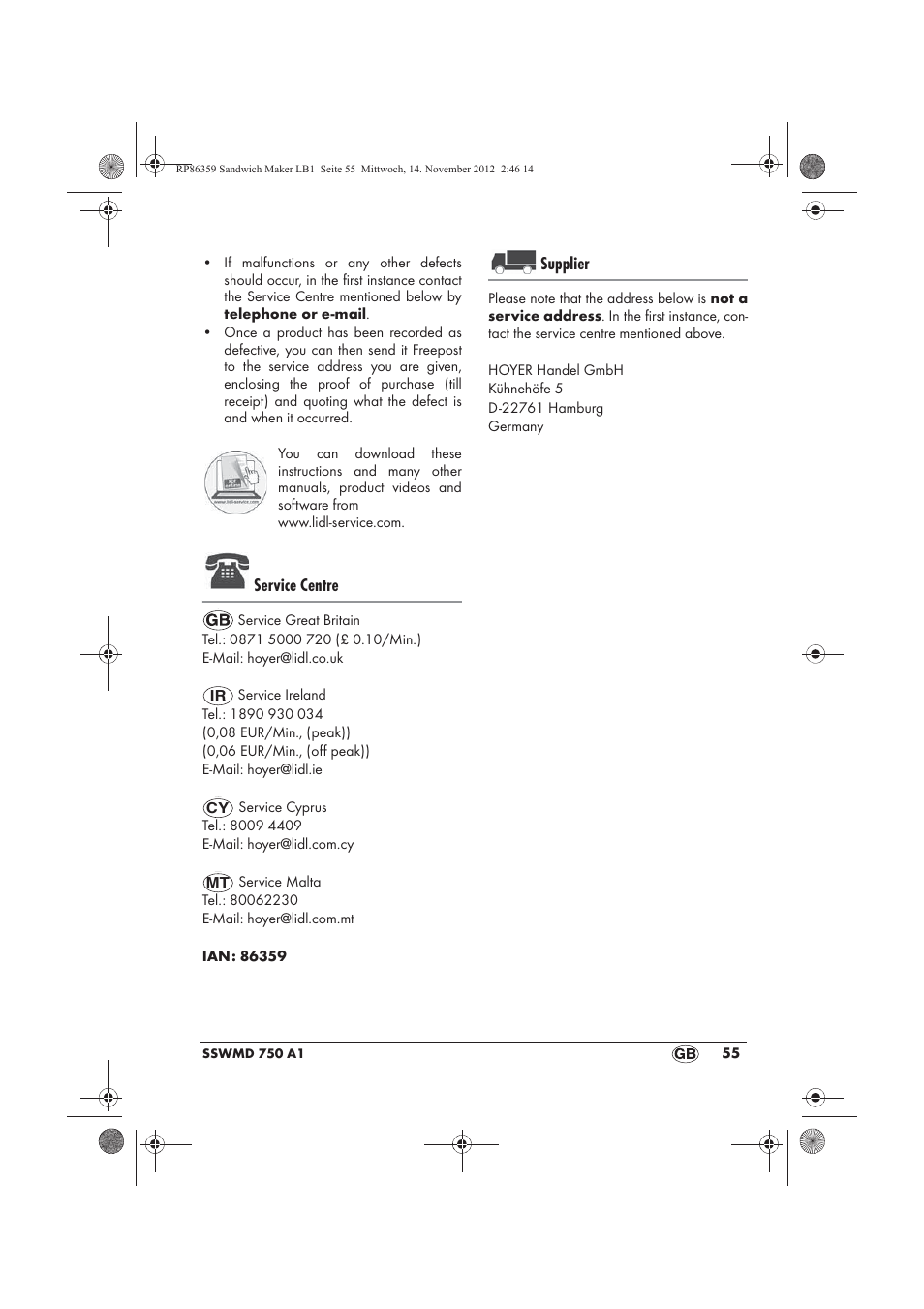 Service centre, Supplier | Silvercrest SSWMD 750 A1 User Manual | Page 57 / 58