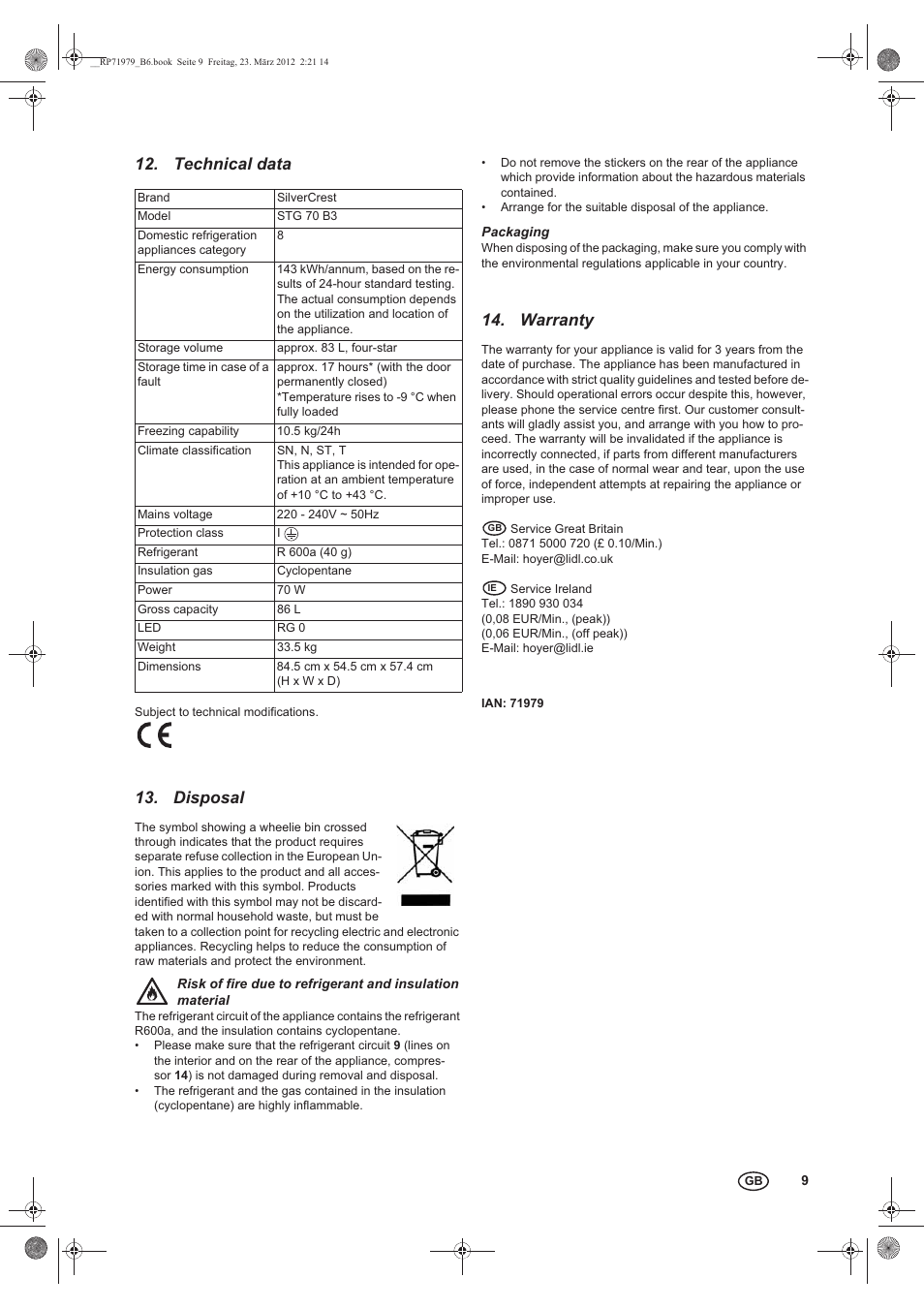 Technical data, Disposal, Warranty | Silvercrest STG 70 B3 User Manual | Page 11 / 14