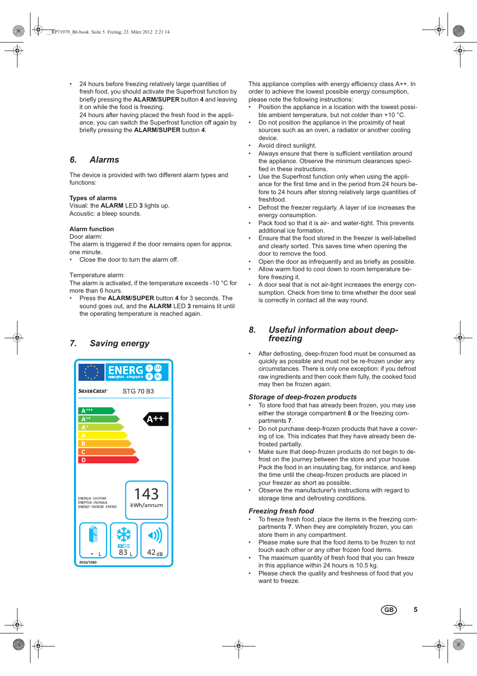 Alarms, Saving energy, Useful information about deep- freezing | Silvercrest STG 70 B3 User Manual | Page 7 / 14