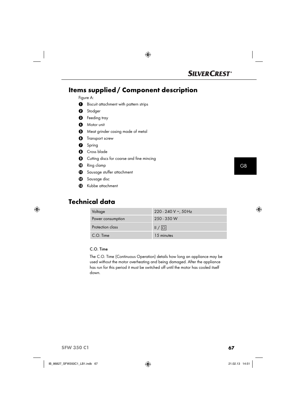 Items supplied / component description, Technical data | Silvercrest SFW 350 C1 User Manual | Page 70 / 84