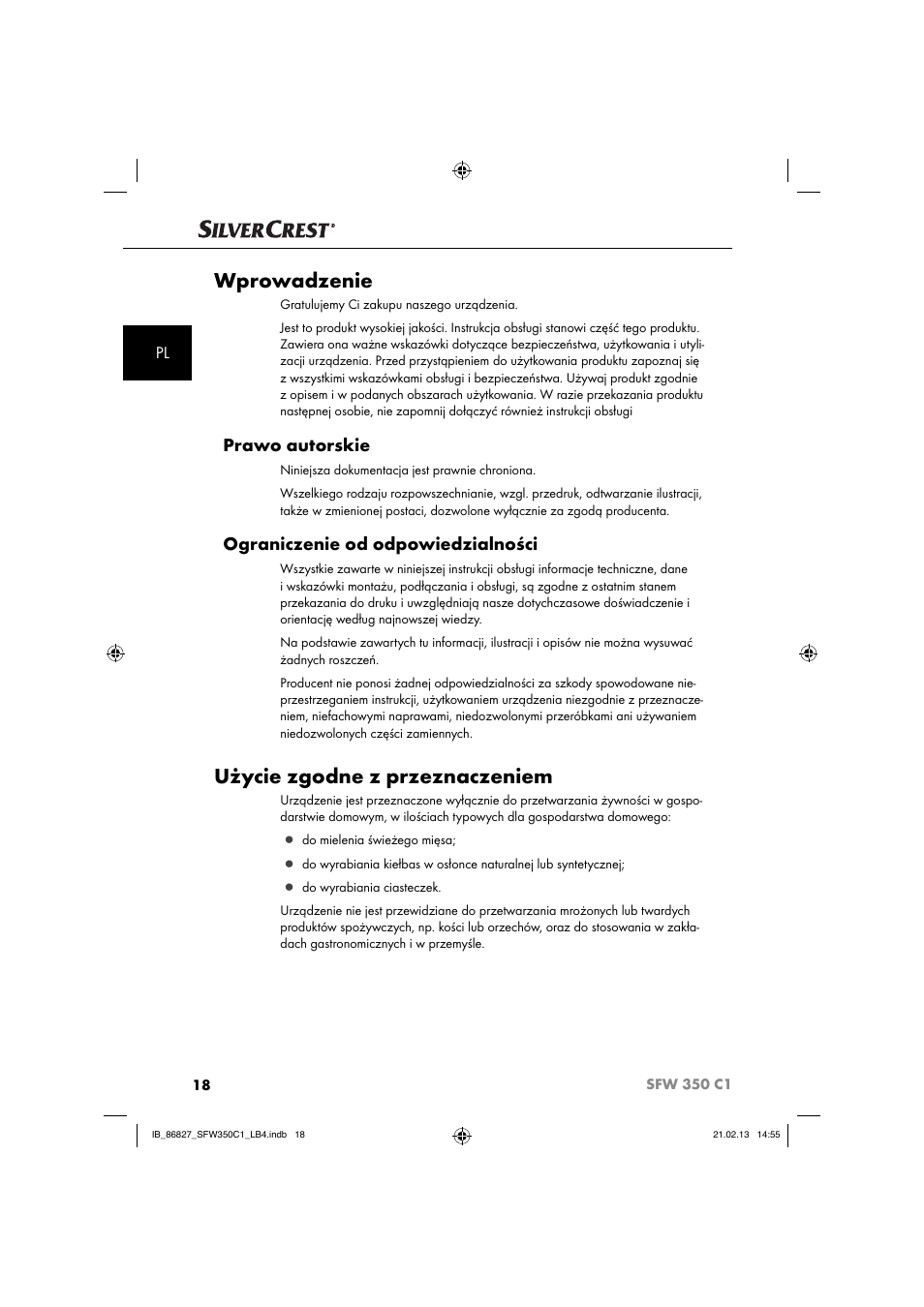 Wprowadzenie, Użycie zgodne z przeznaczeniem, Prawo autorskie | Ograniczenie od odpowiedzialności | Silvercrest SFW 350 C1 User Manual | Page 21 / 116
