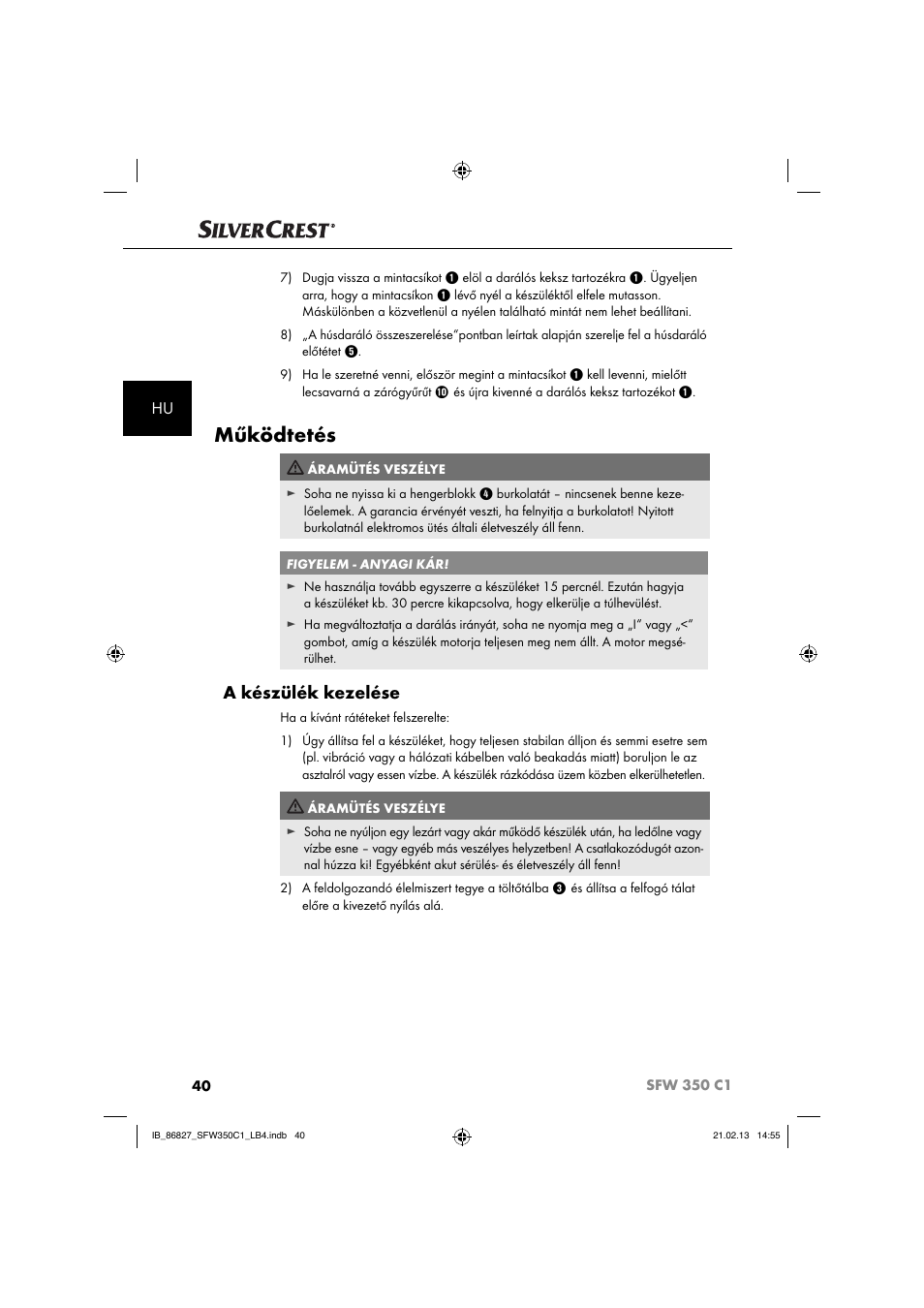 Működtetés, A készülék kezelése | Silvercrest SFW 350 C1 User Manual | Page 43 / 116