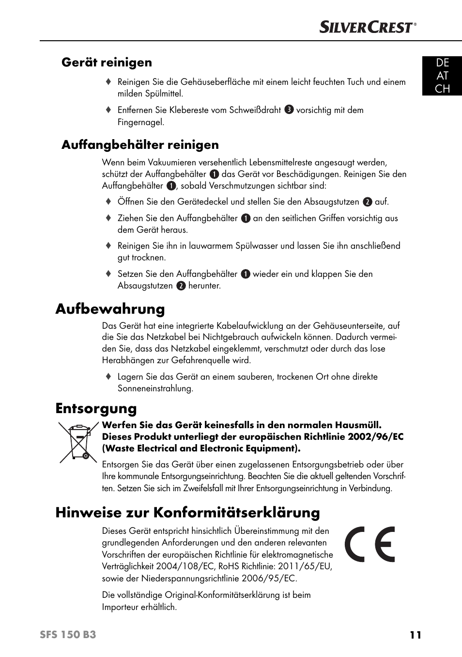 Aufbewahrung, Entsorgung, Hinweise zur konformitätserklärung | Gerät reinigen, Auﬀ angbehälter reinigen, De at ch | Silvercrest SFS 150 B3 User Manual | Page 14 / 78