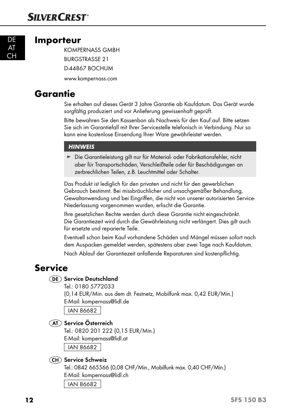 Importeur, Garantie, Service | De at ch | Silvercrest SFS 150 B3 User Manual | Page 15 / 78