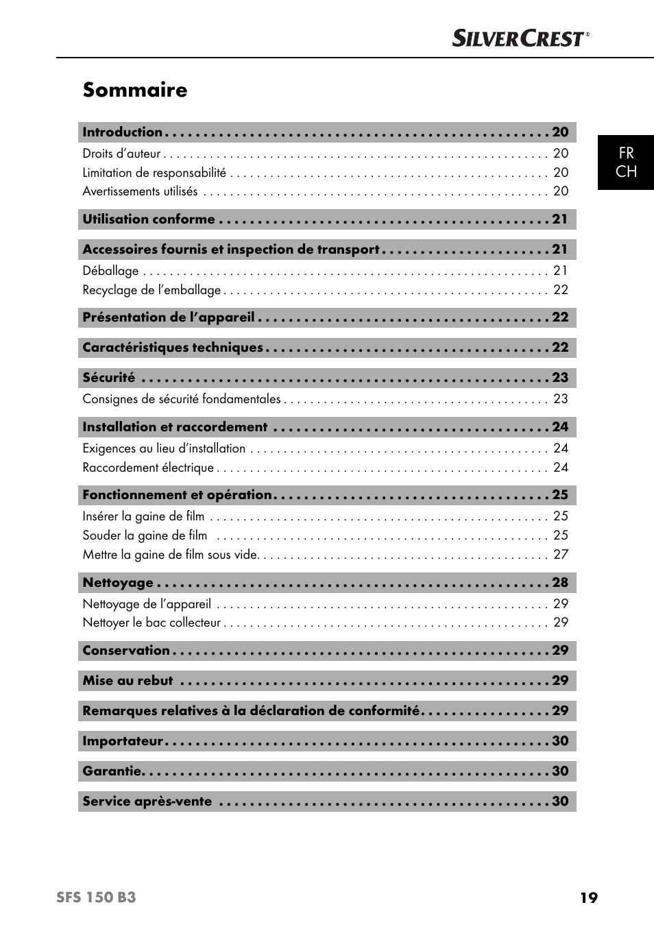 Sommaire, Fr ch | Silvercrest SFS 150 B3 User Manual | Page 22 / 78