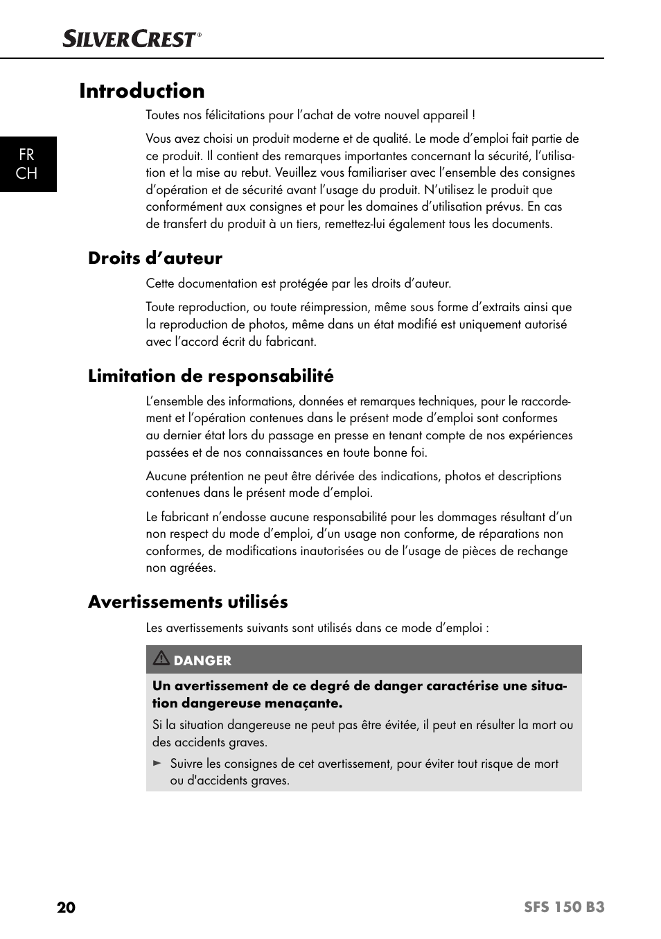 Introduction, Droits d’auteur, Limitation de responsabilité | Avertissements utilisés, Fr ch | Silvercrest SFS 150 B3 User Manual | Page 23 / 78