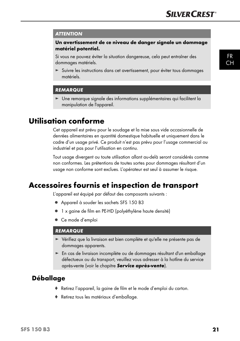 Utilisation conforme, Accessoires fournis et inspection de transport, Déballage | Fr ch | Silvercrest SFS 150 B3 User Manual | Page 24 / 78