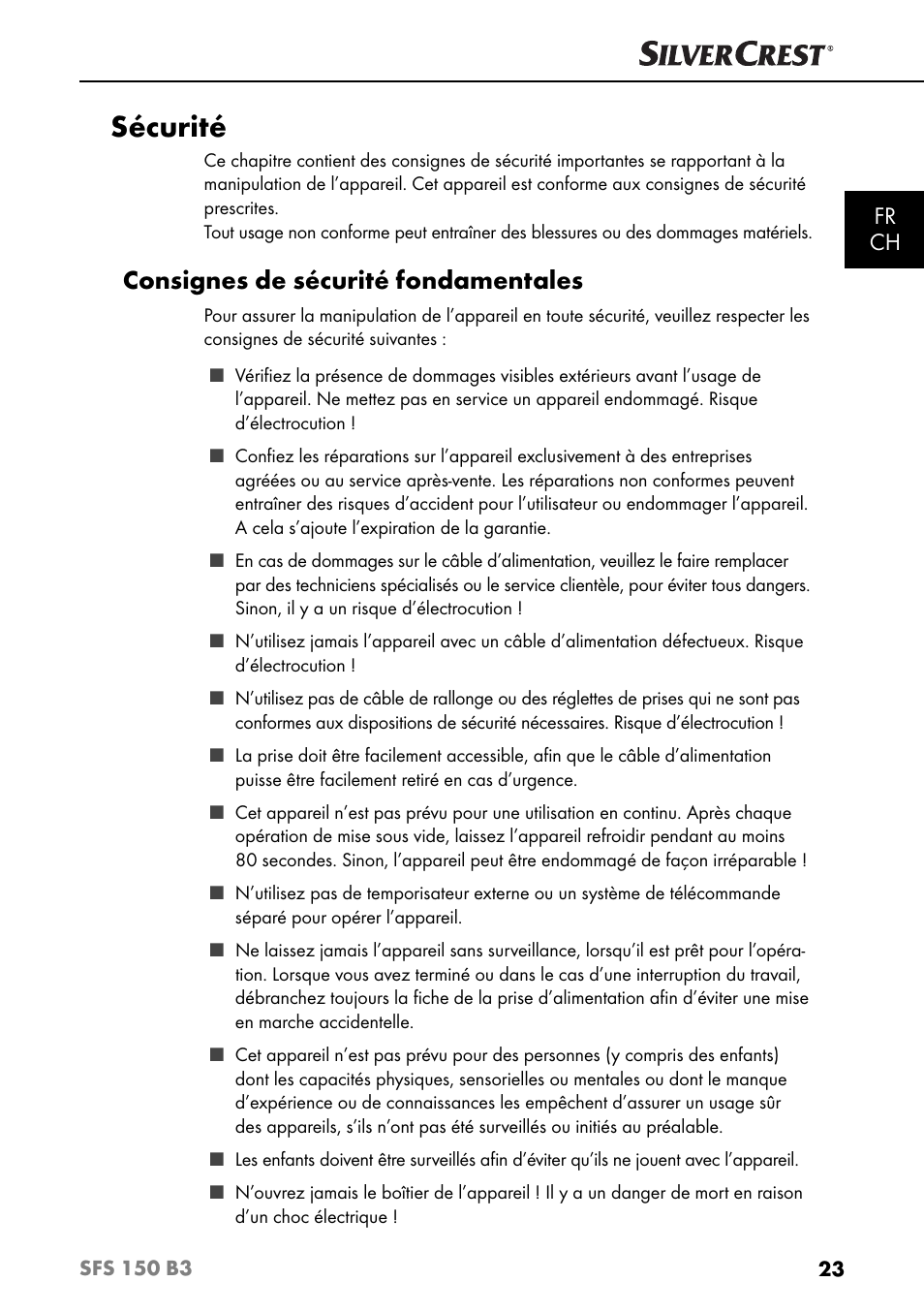 Sécurité, Consignes de sécurité fondamentales, Fr ch | Silvercrest SFS 150 B3 User Manual | Page 26 / 78