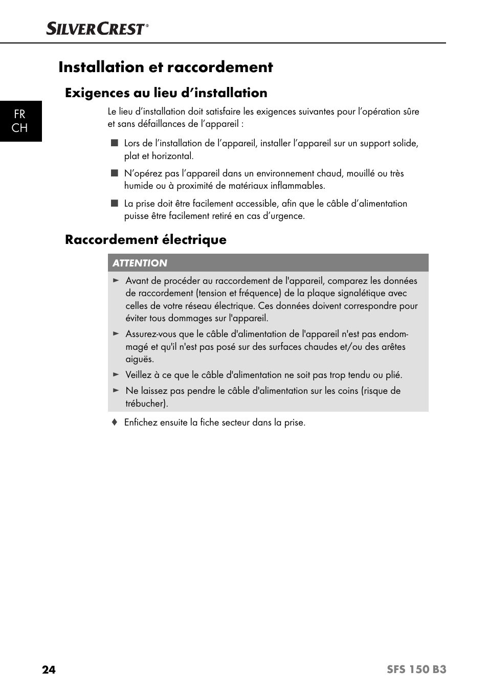 Installation et raccordement, Exigences au lieu d’installation, Raccordement électrique | Fr ch | Silvercrest SFS 150 B3 User Manual | Page 27 / 78