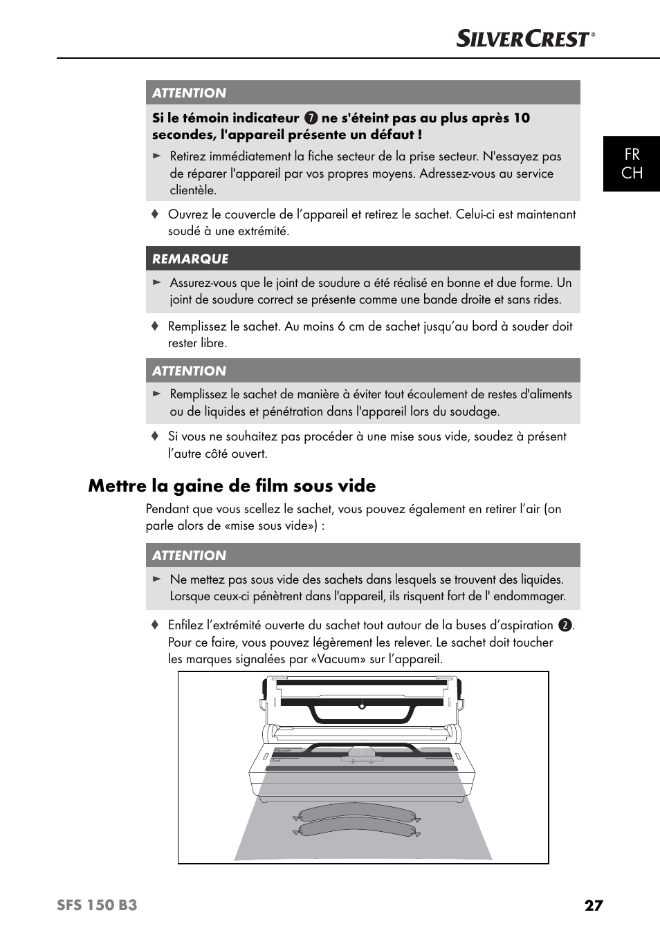 Mettre la gaine de ﬁ lm sous vide, Fr ch | Silvercrest SFS 150 B3 User Manual | Page 30 / 78