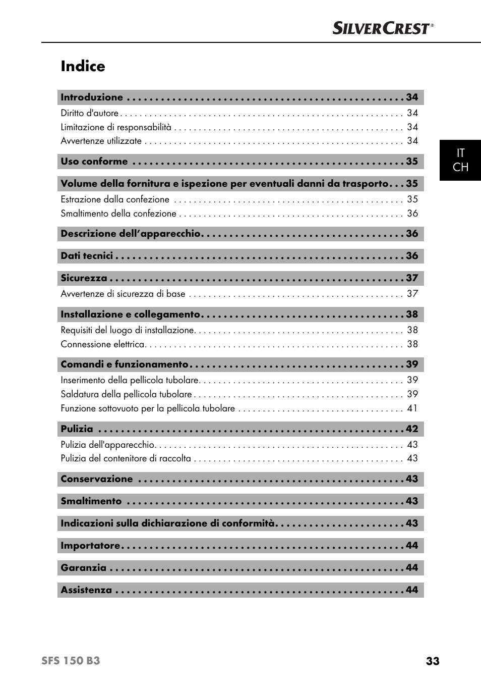 Indice, It ch | Silvercrest SFS 150 B3 User Manual | Page 36 / 78