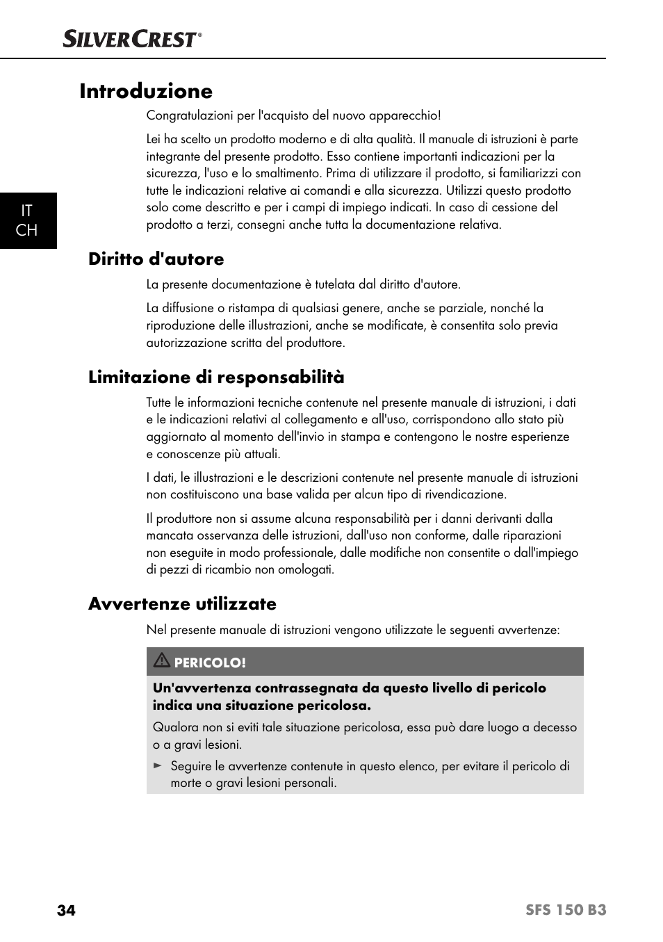 Introduzione, Diritto d'autore, Limitazione di responsabilità | Avvertenze utilizzate, It ch | Silvercrest SFS 150 B3 User Manual | Page 37 / 78