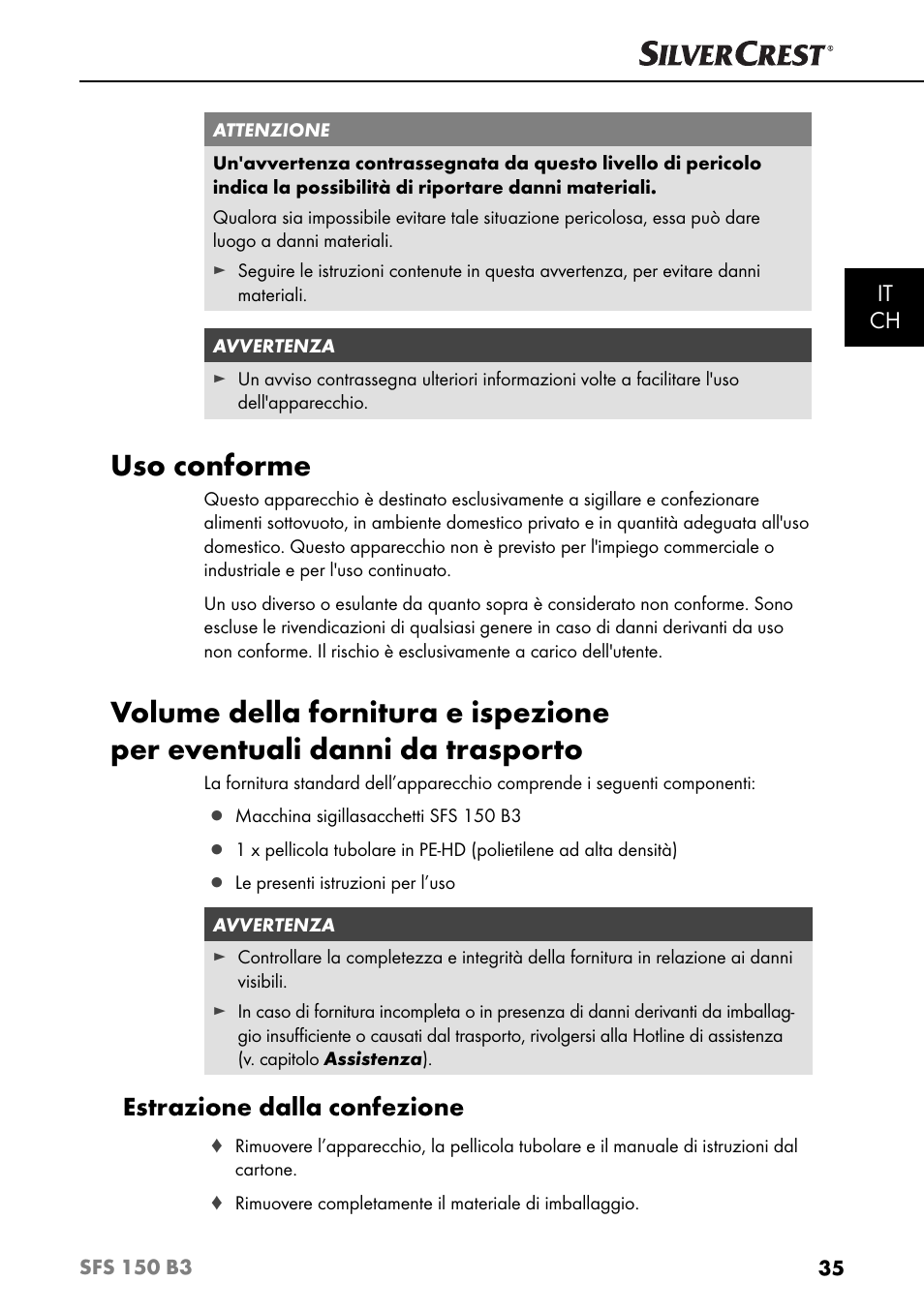 Uso conforme, Estrazione dalla confezione, It ch | Silvercrest SFS 150 B3 User Manual | Page 38 / 78