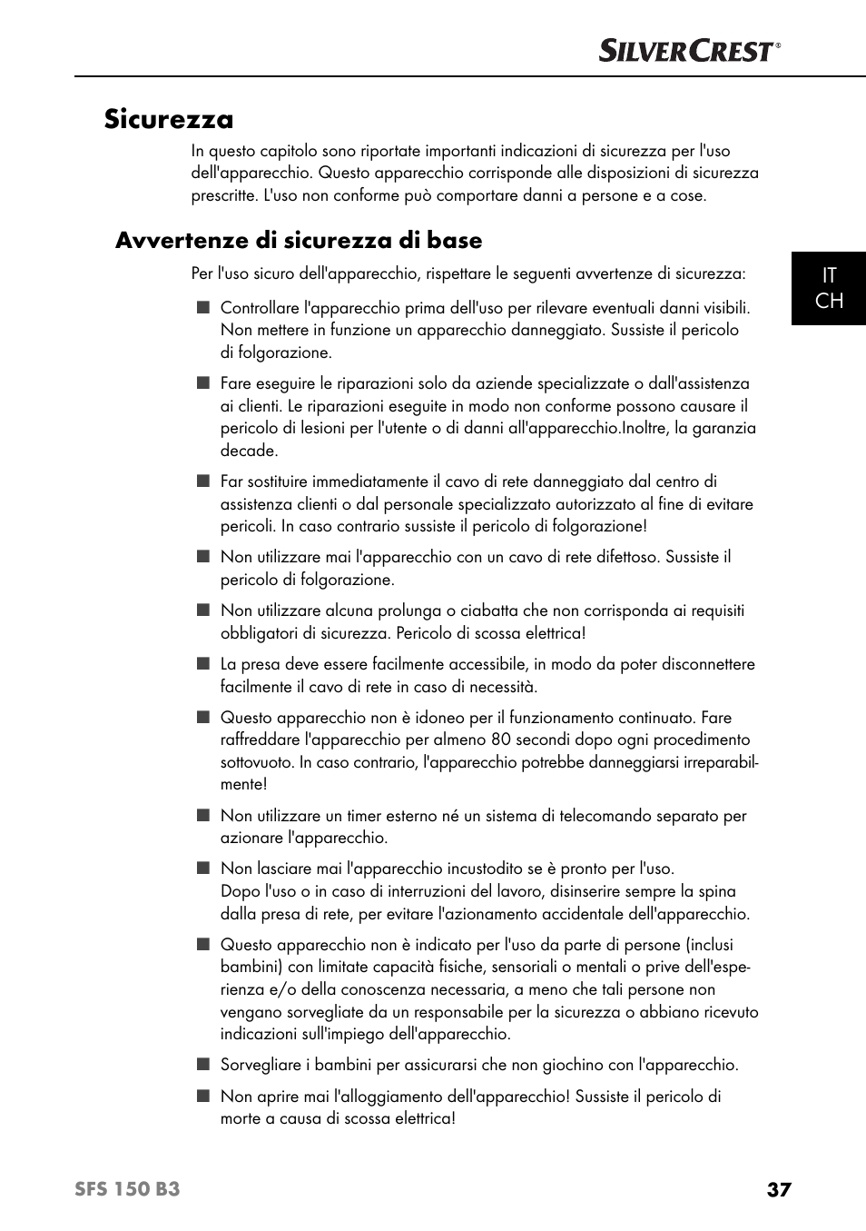 Sicurezza, Avvertenze di sicurezza di base, It ch | Silvercrest SFS 150 B3 User Manual | Page 40 / 78