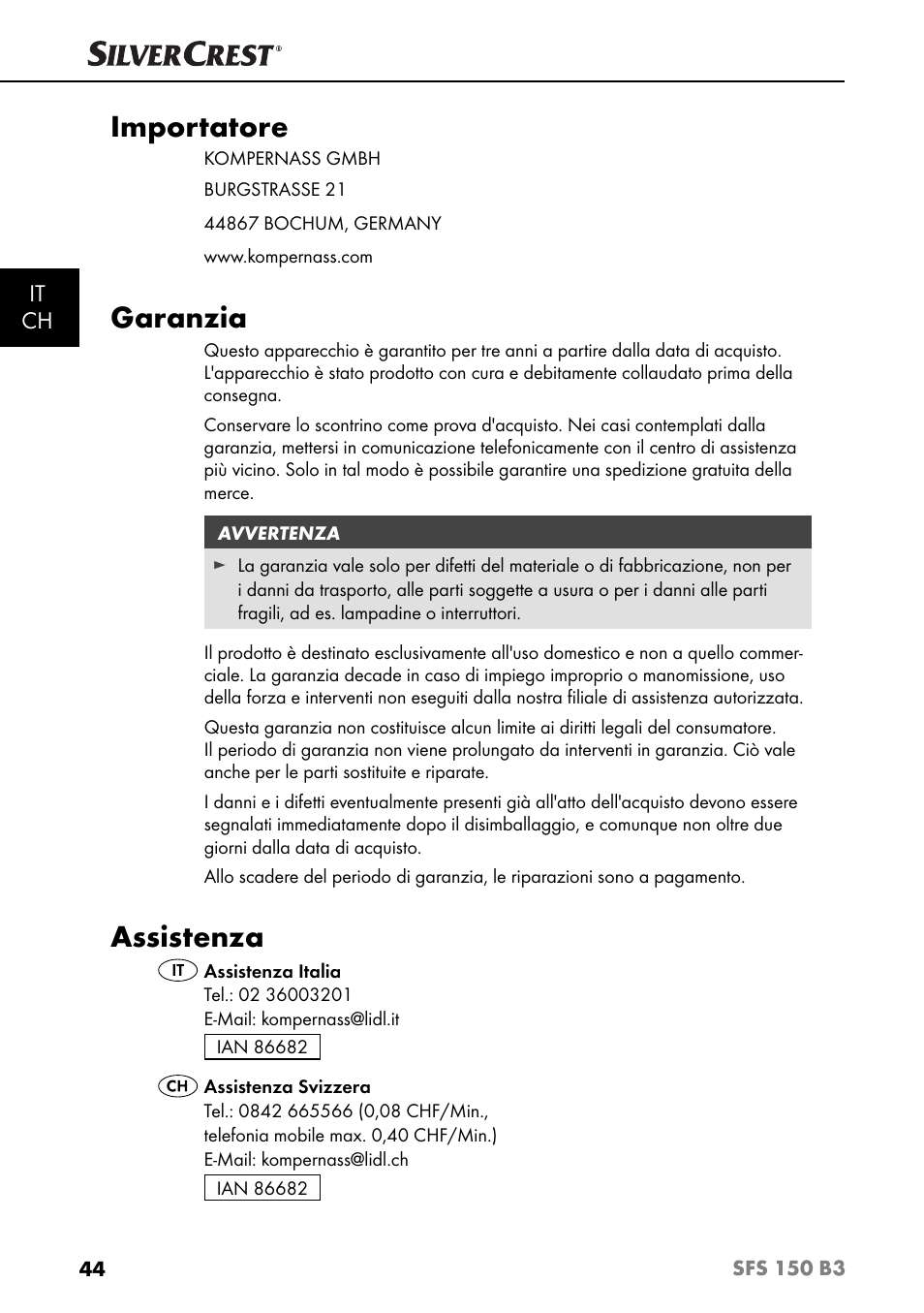 Importatore, Garanzia, Assistenza | It ch | Silvercrest SFS 150 B3 User Manual | Page 47 / 78