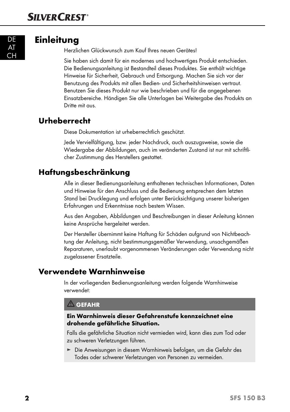 Einleitung, Urheberrecht, Haftungsbeschränkung | Verwendete warnhinweise, De at ch | Silvercrest SFS 150 B3 User Manual | Page 5 / 78