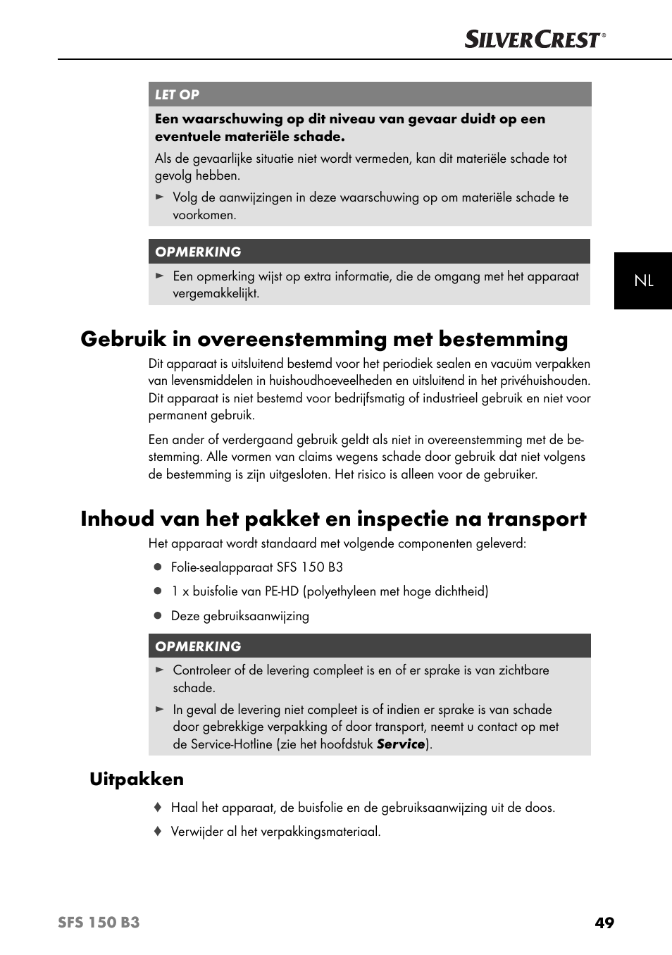 Gebruik in overeenstemming met bestemming, Inhoud van het pakket en inspectie na transport, Uitpakken | Silvercrest SFS 150 B3 User Manual | Page 52 / 78