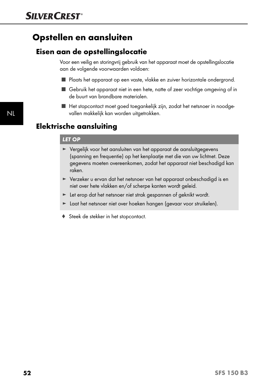 Opstellen en aansluiten, Eisen aan de opstellingslocatie, Elektrische aansluiting | Silvercrest SFS 150 B3 User Manual | Page 55 / 78