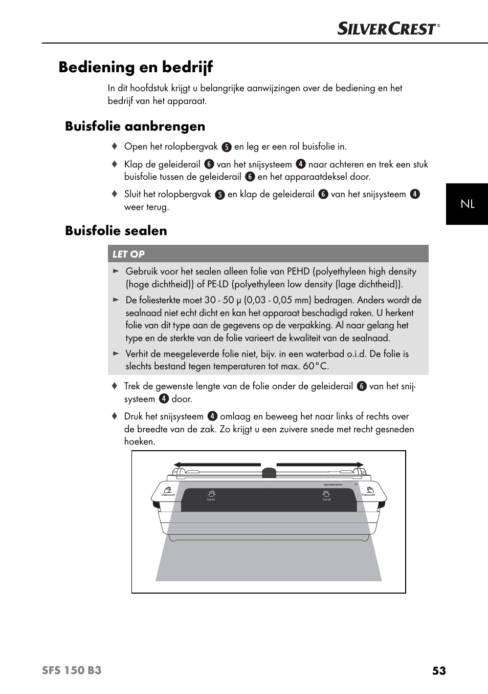 Bediening en bedrijf, Buisfolie aanbrengen, Buisfolie sealen | Silvercrest SFS 150 B3 User Manual | Page 56 / 78