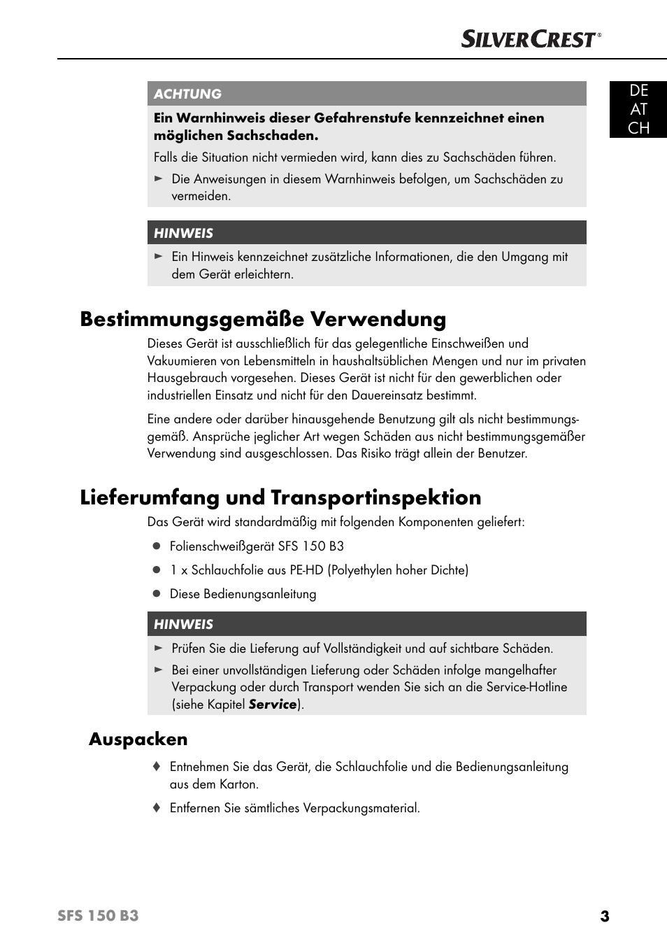 Bestimmungsgemäße verwendung, Lieferumfang und transportinspektion, Auspacken | De at ch | Silvercrest SFS 150 B3 User Manual | Page 6 / 78