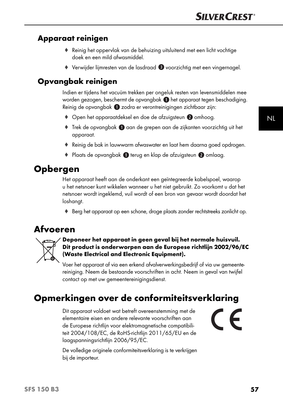 Opbergen, Afvoeren, Opmerkingen over de conformiteitsverklaring | Apparaat reinigen, Opvangbak reinigen | Silvercrest SFS 150 B3 User Manual | Page 60 / 78