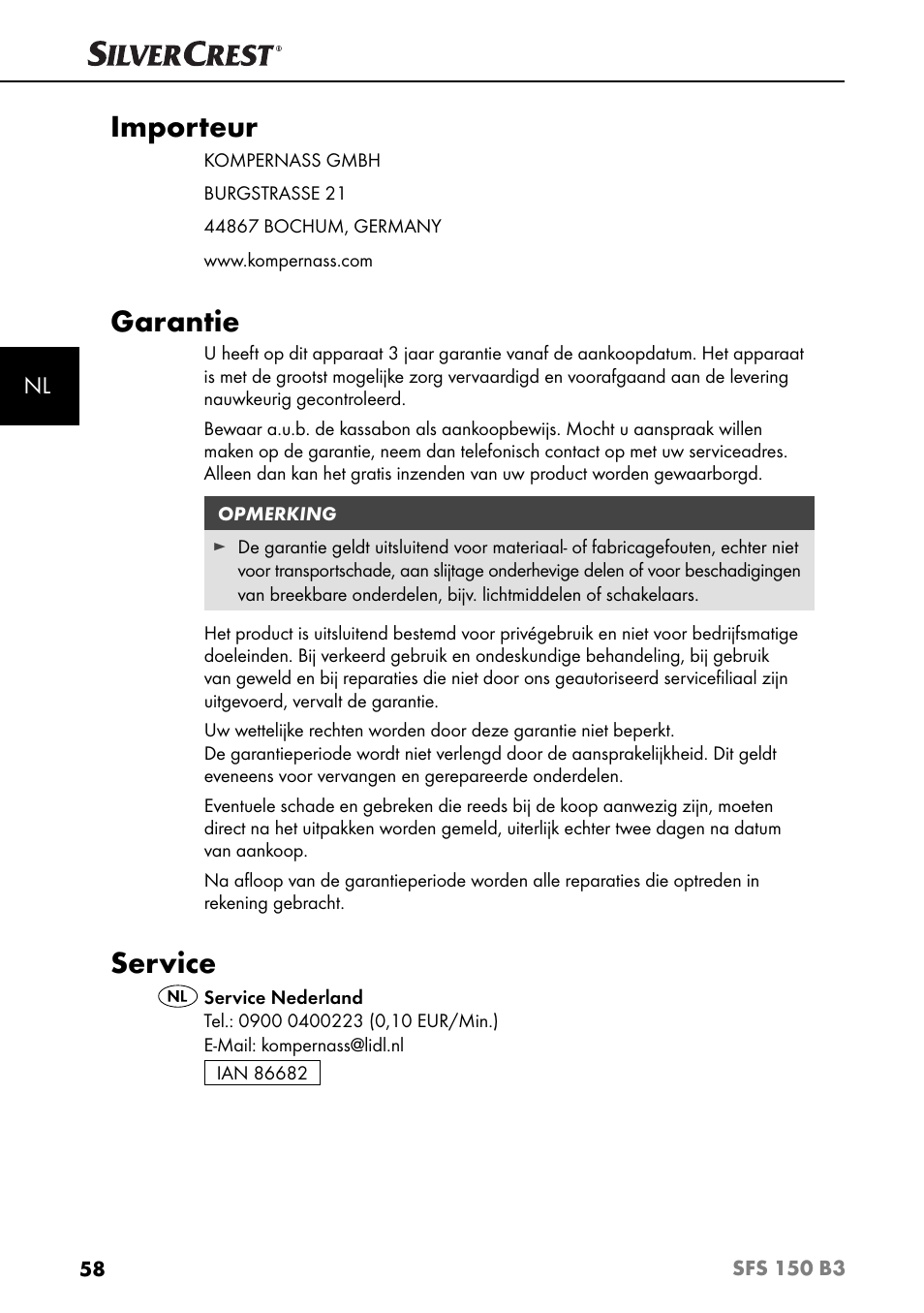 Importeur, Garantie, Service | Silvercrest SFS 150 B3 User Manual | Page 61 / 78