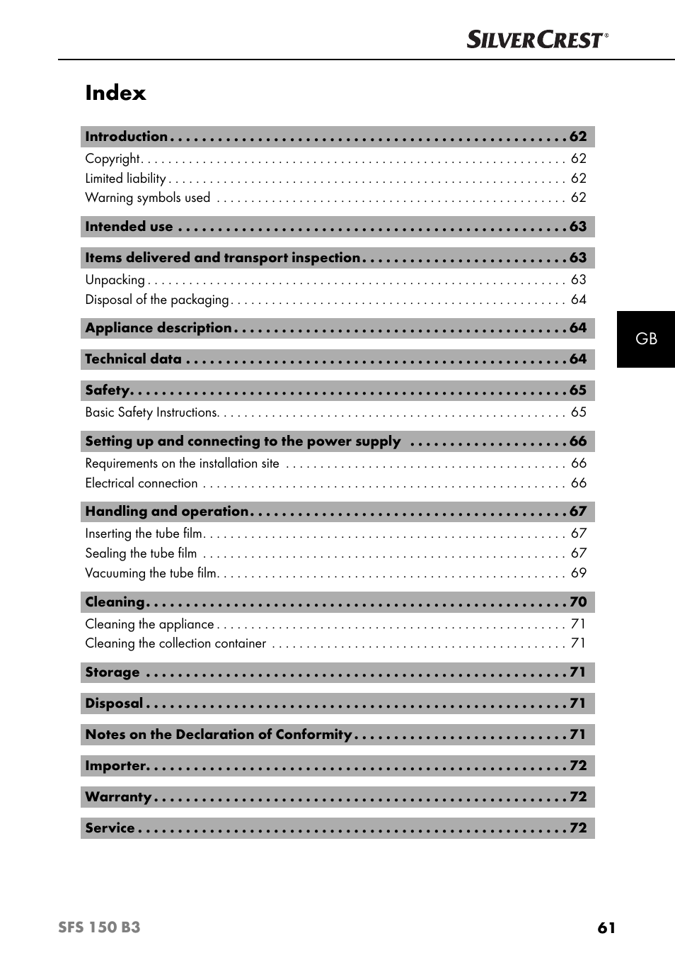 Index | Silvercrest SFS 150 B3 User Manual | Page 64 / 78