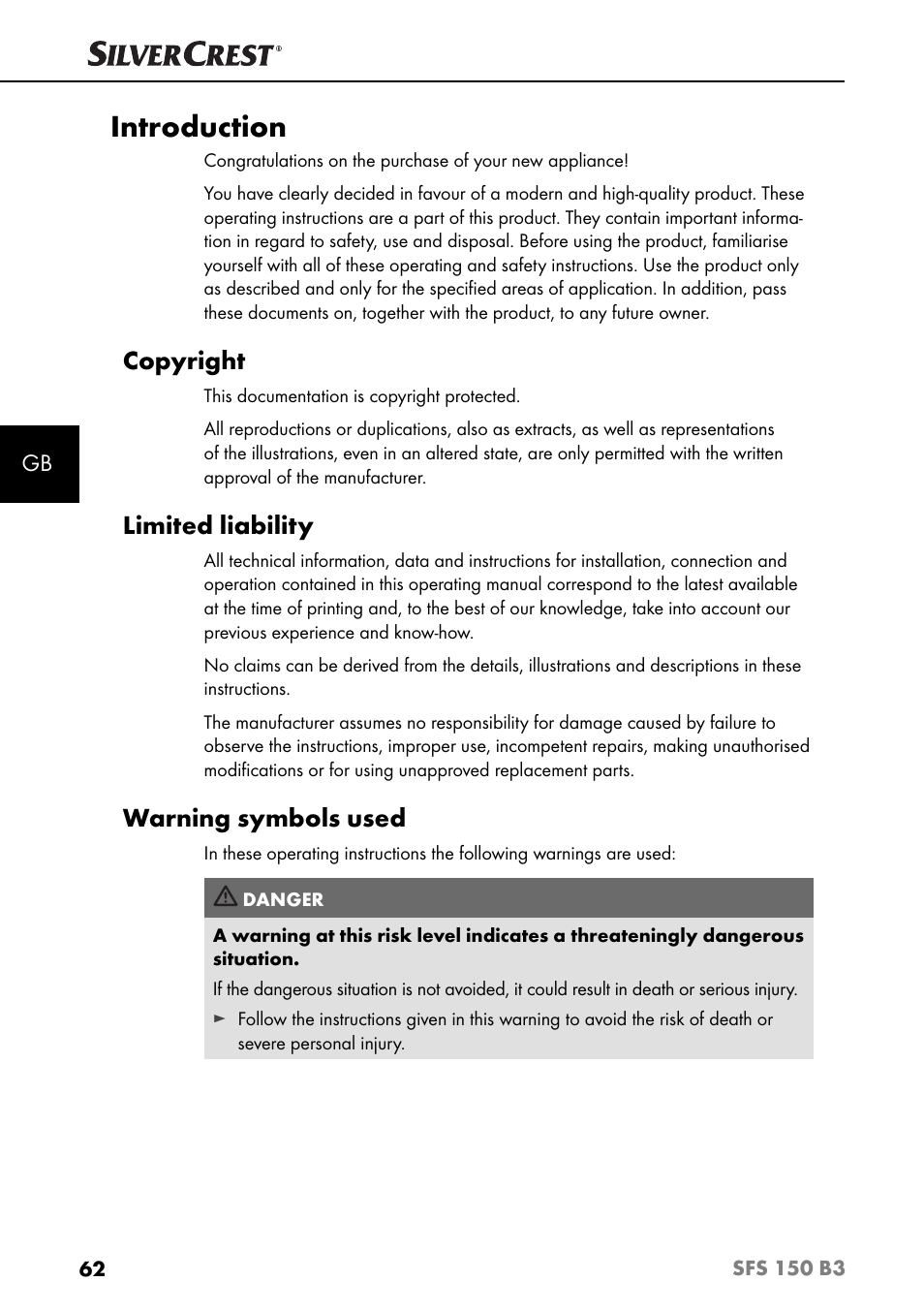 Introduction, Copyright, Limited liability | Warning symbols used | Silvercrest SFS 150 B3 User Manual | Page 65 / 78