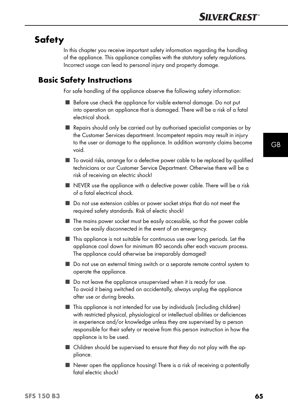 Safety, Basic safety instructions | Silvercrest SFS 150 B3 User Manual | Page 68 / 78