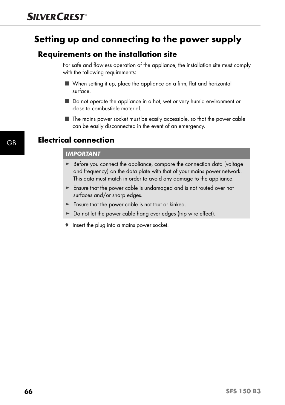 Setting up and connecting to the power supply, Requirements on the installation site, Electrical connection | Silvercrest SFS 150 B3 User Manual | Page 69 / 78