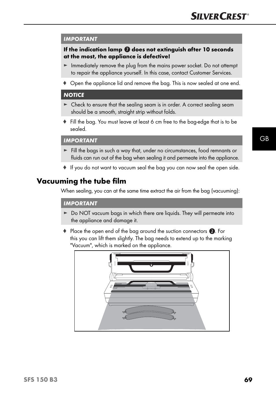 Vacuuming the tube ﬁ lm | Silvercrest SFS 150 B3 User Manual | Page 72 / 78