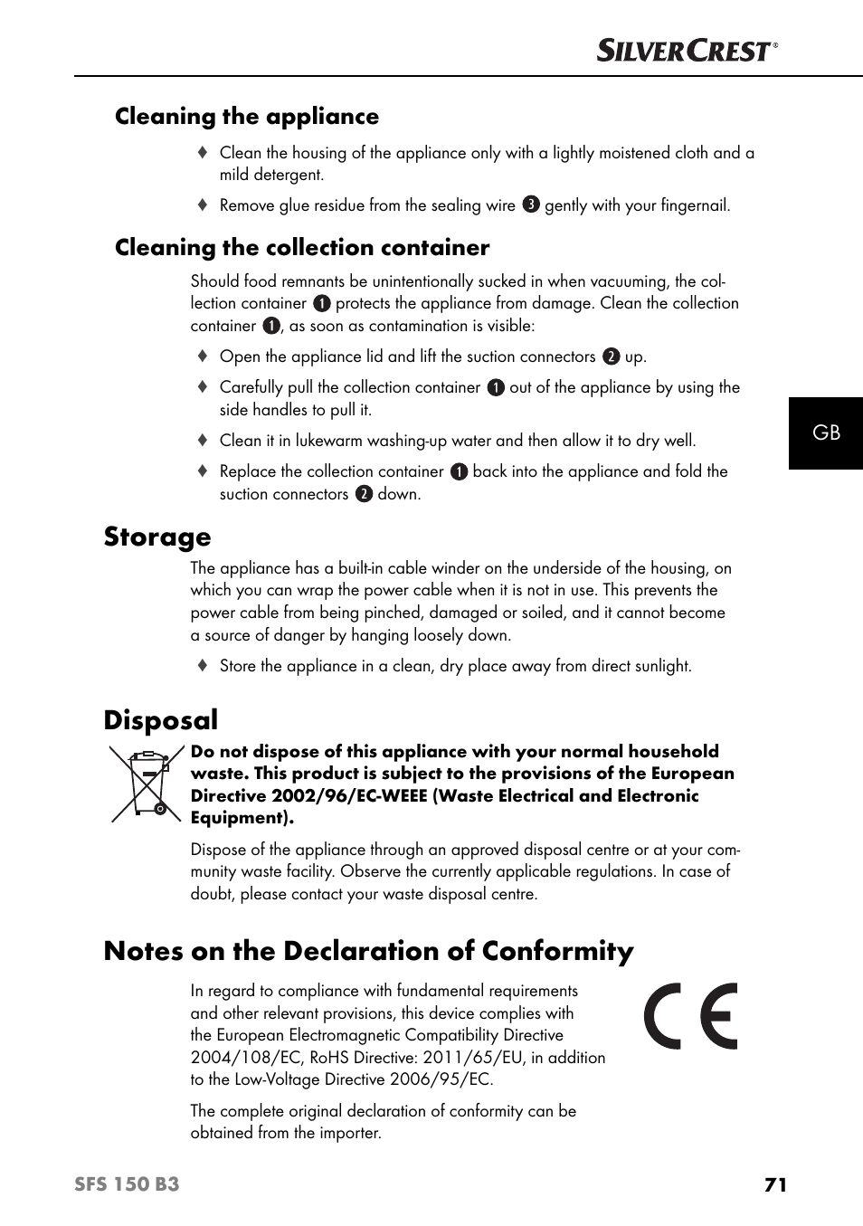 Storage, Disposal, Cleaning the appliance | Cleaning the collection container | Silvercrest SFS 150 B3 User Manual | Page 74 / 78