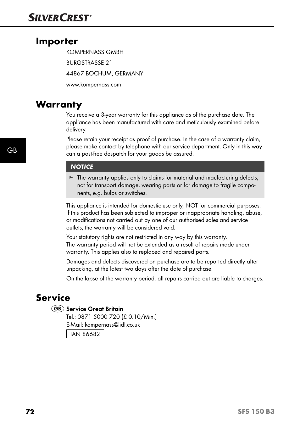 Importer, Warranty, Service | Silvercrest SFS 150 B3 User Manual | Page 75 / 78