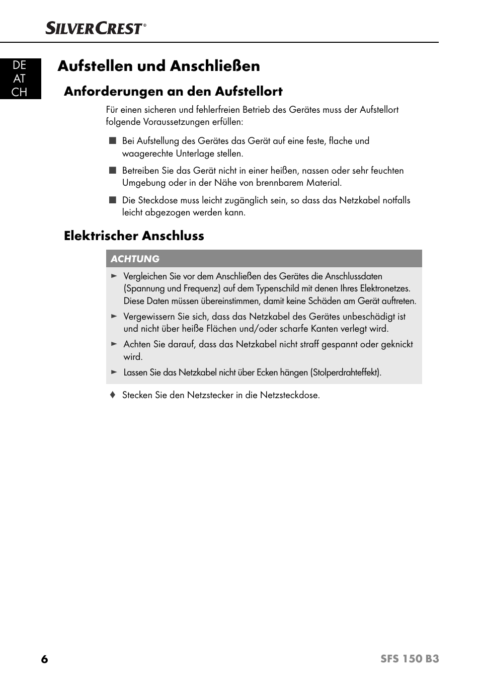 Aufstellen und anschließen, Anforderungen an den aufstellort, Elektrischer anschluss | De at ch | Silvercrest SFS 150 B3 User Manual | Page 9 / 78