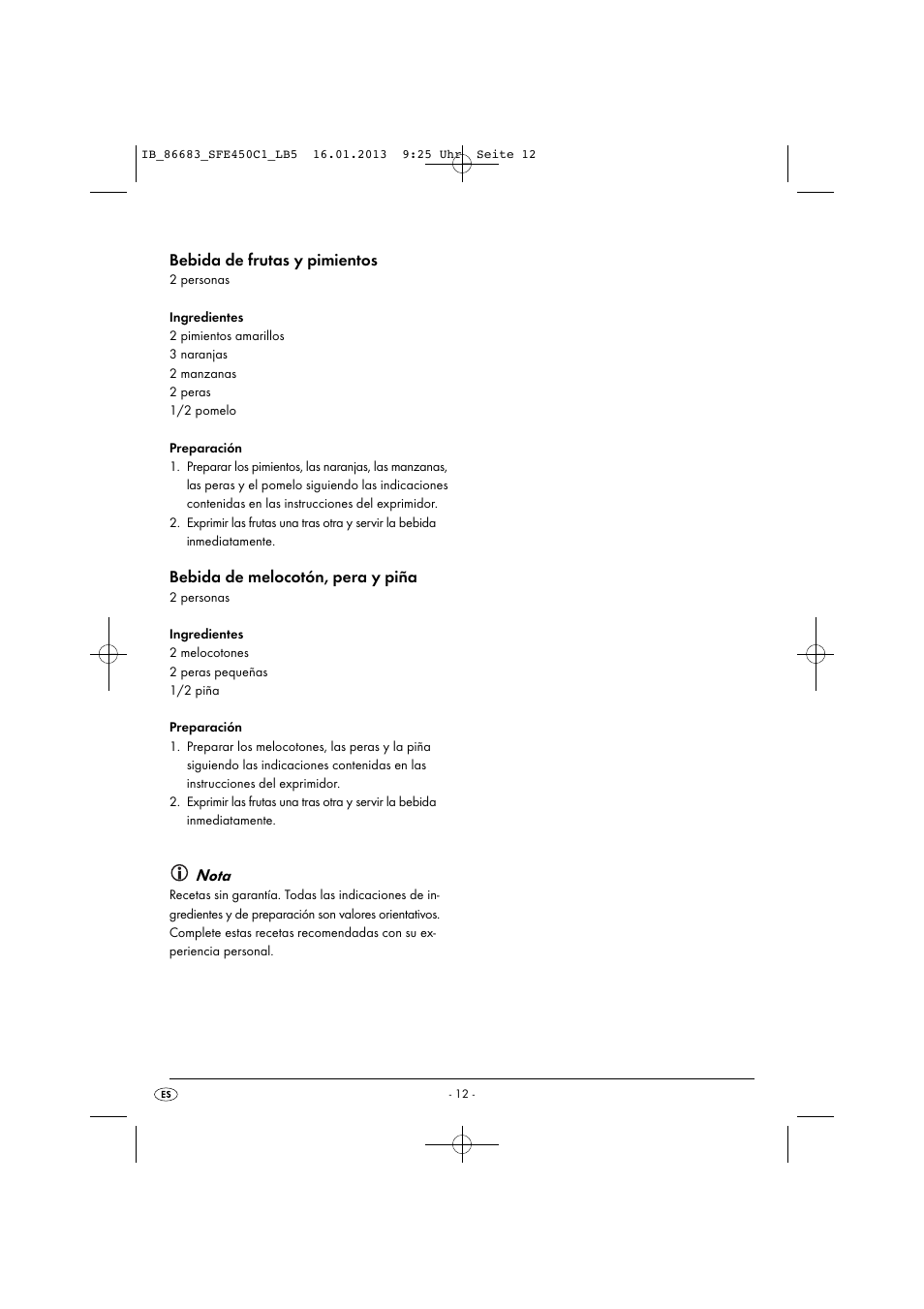 Bebida de frutas y pimientos, Bebida de melocotón, pera y piña, Nota | Silvercrest SFE 450 C1 User Manual | Page 15 / 64