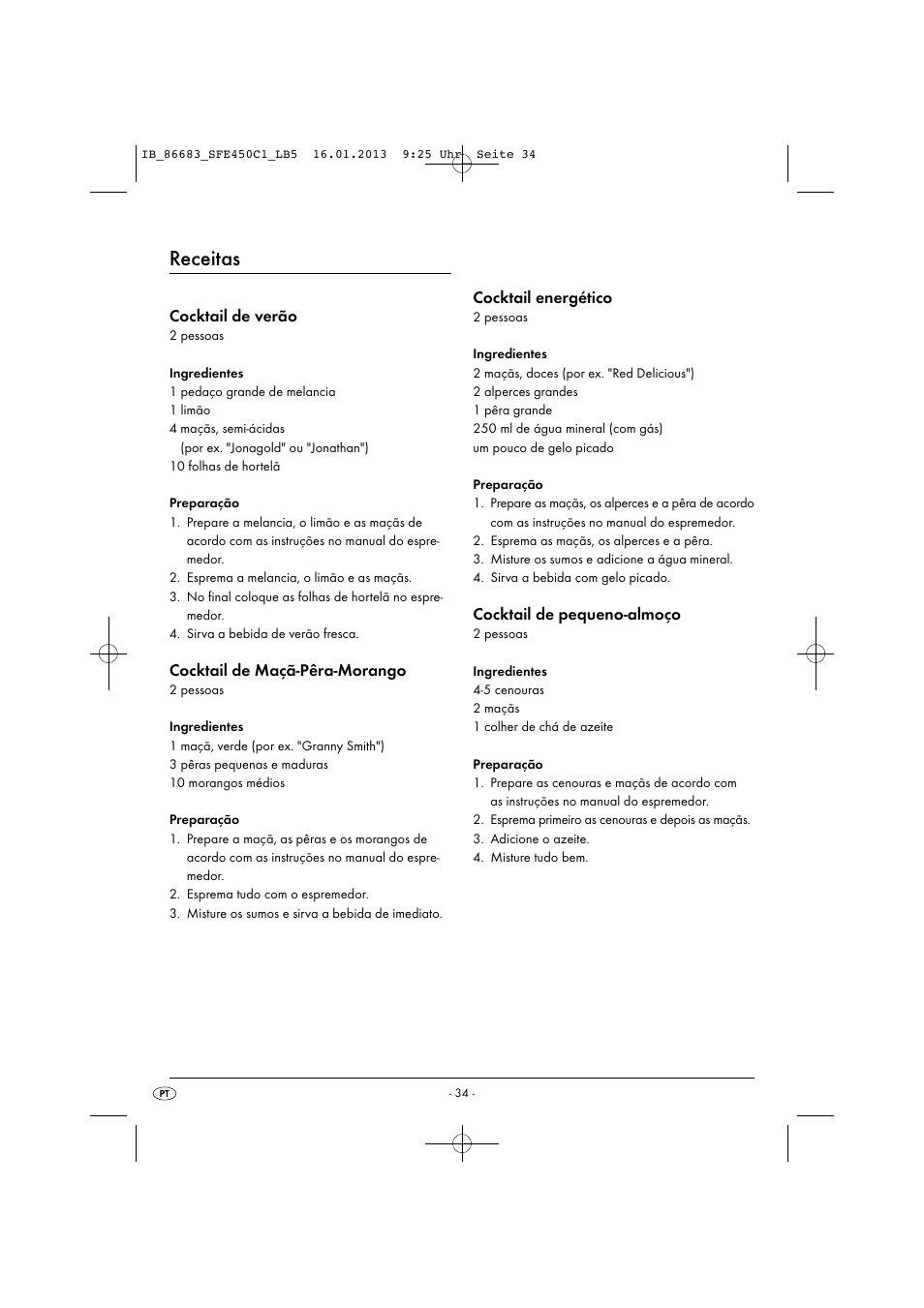 Receitas, Cocktail de verão, Cocktail de maçã-pêra-morango | Cocktail energético, Cocktail de pequeno-almoço | Silvercrest SFE 450 C1 User Manual | Page 37 / 64