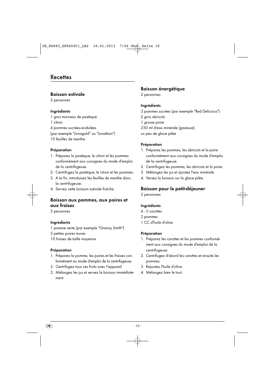Recettes, Boisson estivale, Boisson aux pommes, aux poires et aux fraises | Boisson énergétique, Boisson pour le petit-déjeuner | Silvercrest SFE 450 C1 User Manual | Page 13 / 52